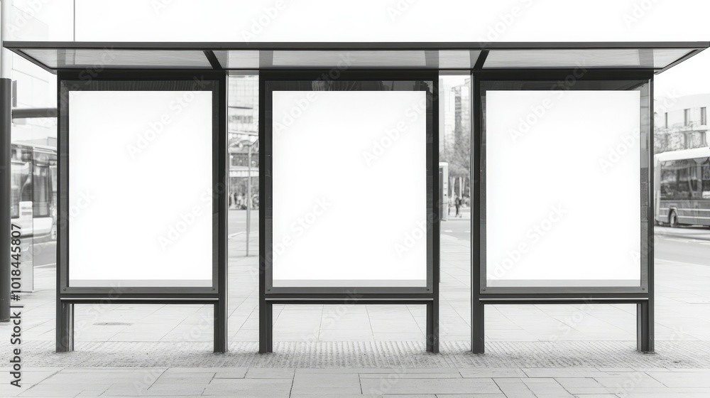 Poster a set of blank white mockups displayed on a bus stop billboard, isolated on a white background for a