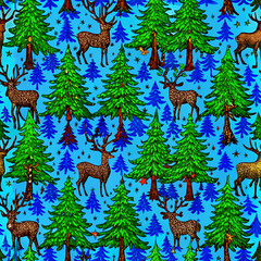 seamless pattern with christmas trees and deer