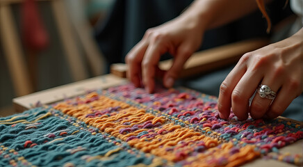 A woman is working on a colorful piece of fabric with her hands