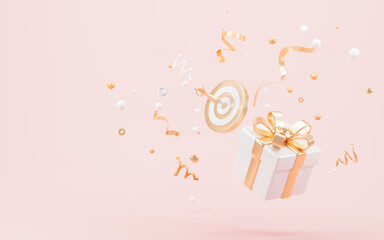 Gold target and gift with gold ribbons, creative gift, promotion and retail, online shopping concept, 3d rendering.