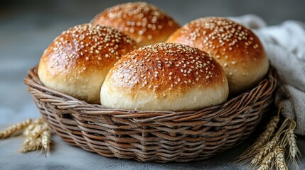 Freshly Baked Sesame Seed Buns in a Rustic Wicker Basket
