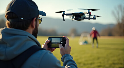 A man is holding a camera and watching a drone fly