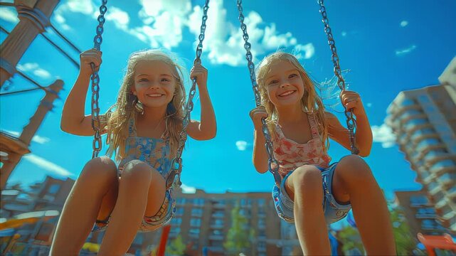 Two joyful young girls swinging at a sunny playground, smiling brightly under a clear blue sky