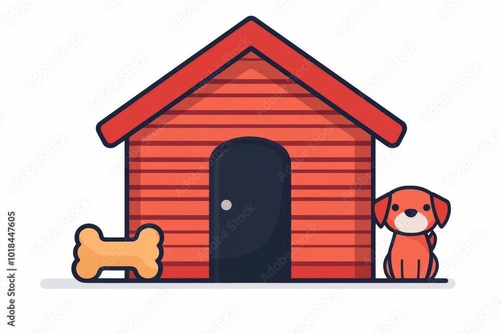 Poster cute and simple icon depicting a dog house with a chew toy and a bone in a clean flat design style t