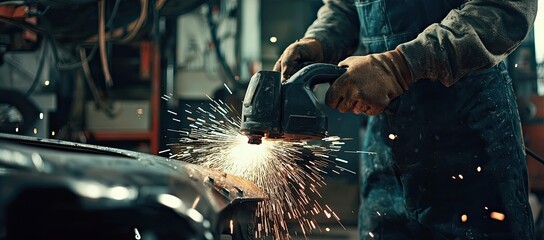 Close-up of a worker operating an angle grinder, cutting metal, with bright sparks flying off the surface during the process
