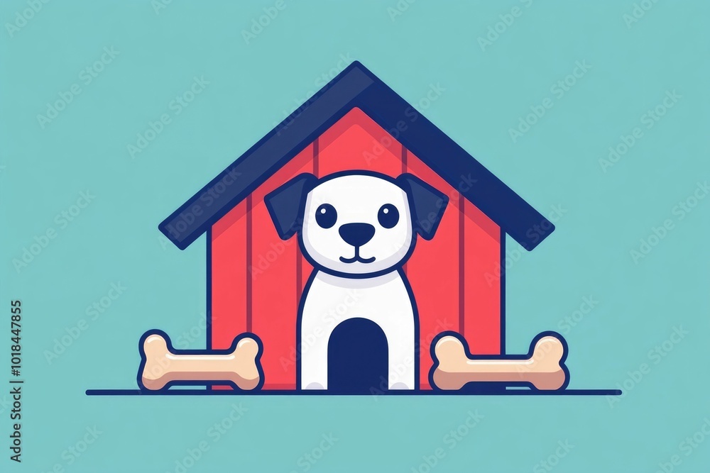 Poster adorable and minimalist of a dog house with a bone and chew toy in a clean modern and isolated style