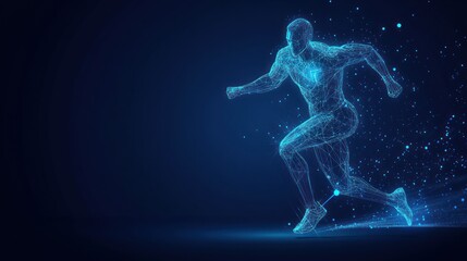 Fototapeta premium Blue wireframe hologram of athlete running for sport technology and futuristic digital elements.