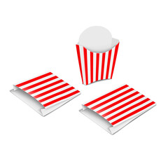 Paper french fry box and paper pouch bags. White and red striped design. Isolated 3d mockup. Easy editable. Fast street food paperboard packaging set. Realistic vector mock-up