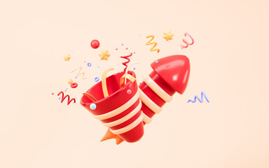 Cartoon firecracker and rocket with explosion confetti. Birthday surprise, holiday and event celebration, 3d rendering.