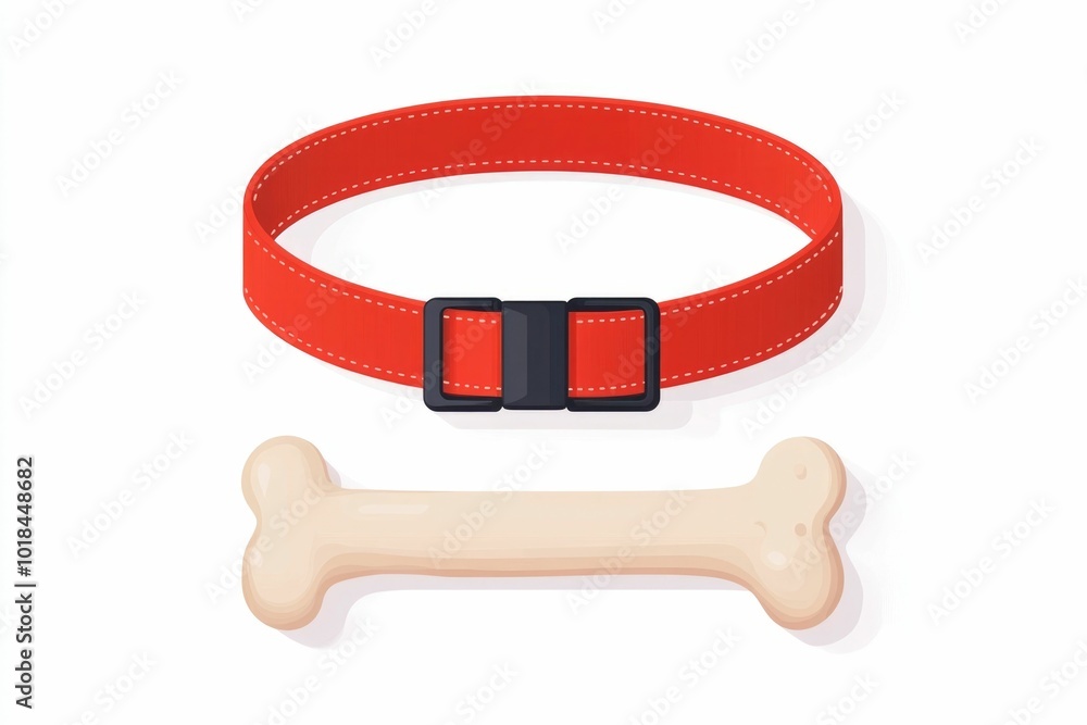 Poster a icon design featuring a red dog collar a bone shaped chew toy and a pet accessory all grouped toge