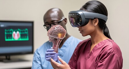 Medical VR Innovation: Exploring the Brain. A focused female medical professional uses VR headset to examine a brain model, while a colleague observes.