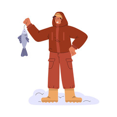 Vector illustration of a fisherman holding a fish standing on snowy ice.
