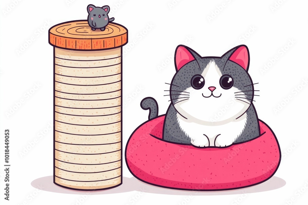 Poster cute and simple icon depicting a cozy cat bed with a toy mouse and scratching post all grouped and c