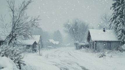 Naklejka premium A heavy snowstorm in a rural village, with snow-covered houses, trees bending under the weight of snow, and limited visibility as the wind blows fiercely through the streets