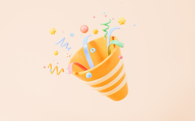 Cartoon firecracker and ribbons with explosion confetti. Birthday surprise, holiday and event celebration, 3d rendering.