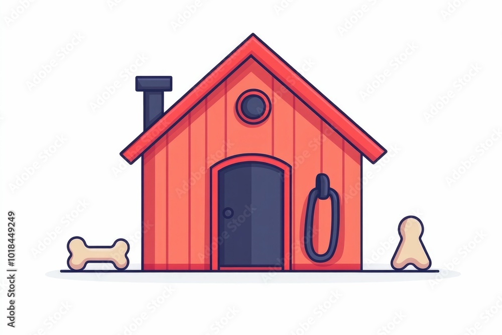 Poster of a simple and modern dog house or kennel with a dog leash and bone accessory elements  displayed in a flat  minimalist design style and isolated on a white background