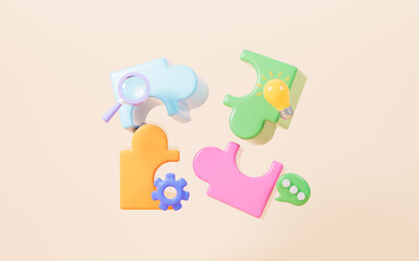 Jigsaw puzzle connecting, cooperation and teamwork , partnership and brainstorming, 3d rendering.