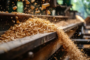 Wood Pellets Flowing Through a Conveyor Belt