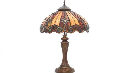 A vintage-style lamp with intricate details and a stained glass shade, artistically displayed on a white background to showcase its unique charm.