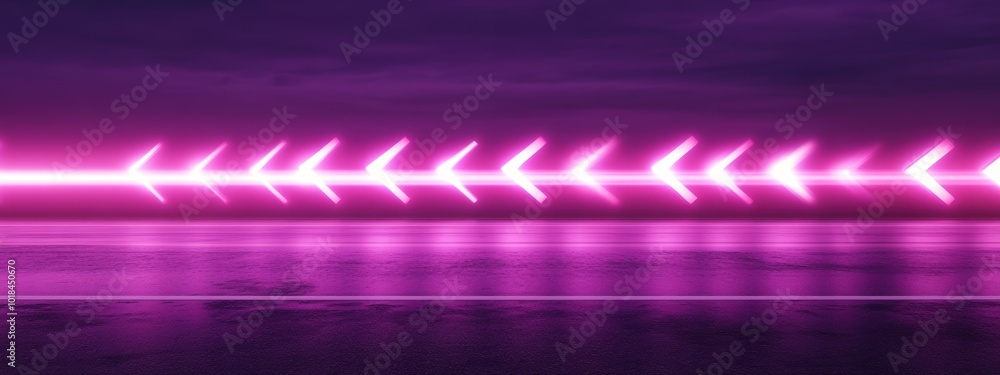 Poster purple abstract glowing chevron arrows aligned in a neat row, creating a striking visual pathway.