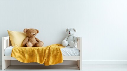 A whimsical arrangement of a child's single bed with a cheerful blanket and a friendly soft toy, all presented on a pristine white background for a fresh look.