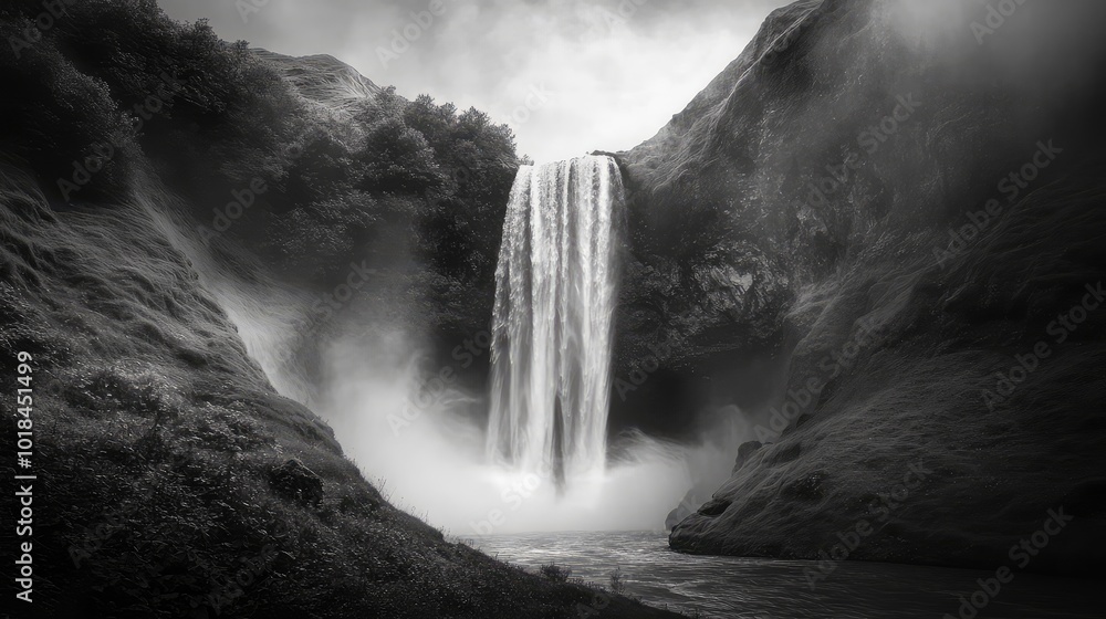 Poster a sideways-flowing waterfall defies gravity, with mist and vapor spiraling around the cascade, creat