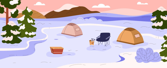 Illustration of winter forest landscape with frozen lake and tents for ice fishing.