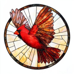 
Stained glass of flying red cardinal bird on background of round stained glass window on white background. Bird in flight. Symbol of winter, decorative element for design. 
