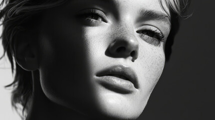 Fototapeta premium A striking black and white portrait of a person with deep shadows across their face, emphasizing strong emotions and timeless elegance