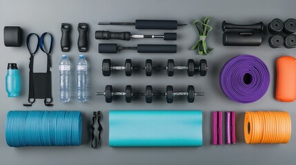 An array of sports gear laid out neatly, featuring weights, a yoga mat, resistance bands, and a water bottle, perfect for promoting fitness and healthy lifestyles.