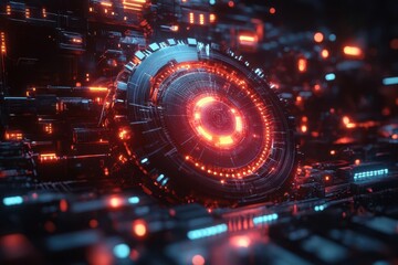 Obraz premium intricate futuristic gears floating in dark void glowing neon edges wireframe mesh overlay 3d geometric shapes particles dynamic composition cyberpunk aesthetic