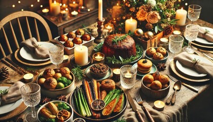 Fototapeta premium a beautifully styled vegan Christmas meal in a festive setting with natural elements and warm lighting.