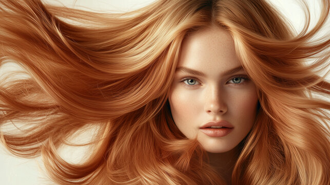 Modell con capelli lunghi e vibranti, con un'acconciatura sana e lucente. Ritratto di moda di una bellissima modella in un ambiente da studio. Pubblicit&agrave; parrucchiere.