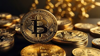 Gold bitcoin cryptocurrency coins with digital blockchain background
