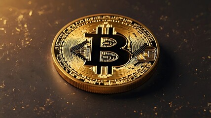 Close up of golden bitcoin cryptocurrency coin on dark metallic background