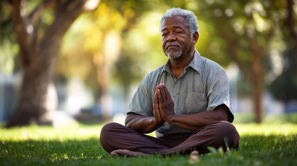 A vibrant, health and wellness-themed photograph of an African American senior man practicing yoga in a serene park setting, with the focus on vitality and mindfulness