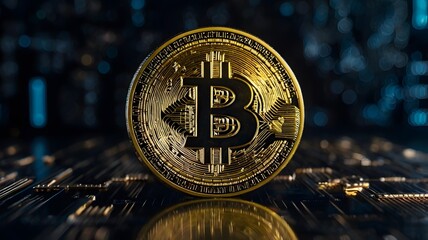 Gold bitcoin with blockchain technology theme and dark blue backdrop