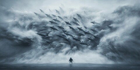 A Single Figure Stands Before A Wave Of Dolphins