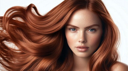 Naklejka premium Modell con capelli lunghi e vibranti, con un'acconciatura sana e lucente. Ritratto di moda di una bellissima modella in un ambiente da studio. Pubblicità parrucchiere.