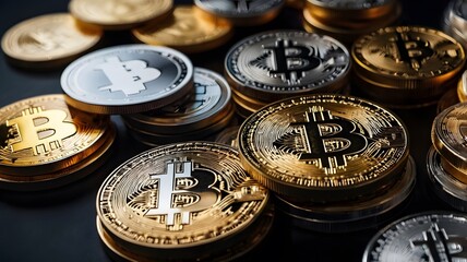 Stack of gold and silver bitcoin cryptocurrency coins on dark background