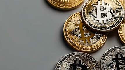 Close up of multiple bitcoins with digital currency symbol on smooth surface