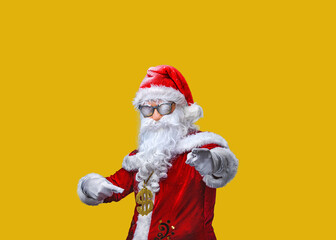 Funky crazy santa claus hold money. Successful Christmas business concept.