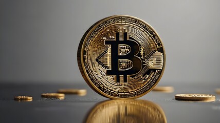 Shiny bitcoin coins arranged on minimal surface with circuit details and  gray background