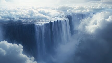 A waterfall flows upwards, defying gravity, with clouds of mist swirling around it, creating a dreamlike and surreal landscape.