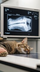 Cat Relaxing on Examination Table with X-ray Image in Background