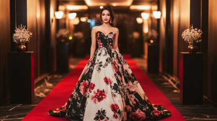 A woman attending a formal event, dressed in an elegant floral gown, standing on a red carpet with a luxurious backdrop