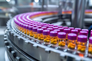 Obraz premium Conveyor Belt with Rows of Purple-Capped Bottles Filled with Yellow Pills