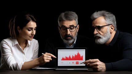 Analyzing the Data: A serious business team examines a concerning graph on a laptop, their expressions reflecting the weight of the financial data.