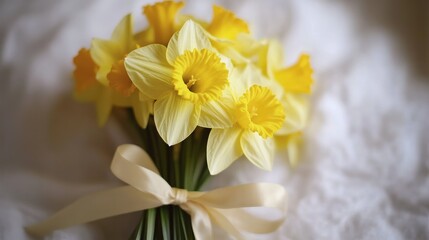 Obraz premium Cheerful yellow daffodils bundled together with a ribbon, their vivid colors contrasting against white.