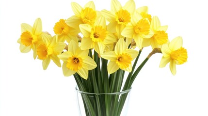 Classic daffodils in a simple glass vase, their yellow petals and green stems standing out on a white backdrop.